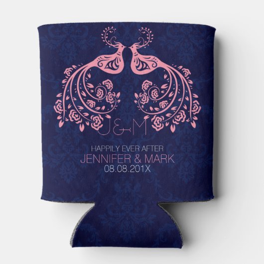 Rosa Floral Love Birds Dunkelblau Custom Backgroun Dosenkühler (Rückseite)