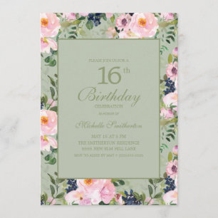Rosa Floral Mintgrün 16. Geburtstag Einladung