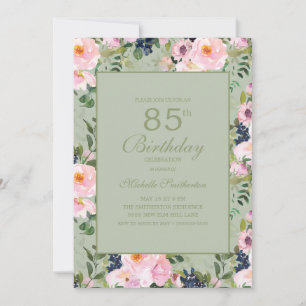 Rosa floral mintgrün 85. Geburtstag Einladung