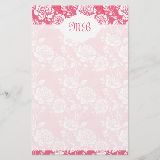 Rosa Floral Mit Monogramm Briefpapier (Vorderseite)