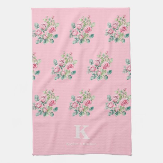 Rosa Floral Monogramm Geschirrtuch (Vertikal)