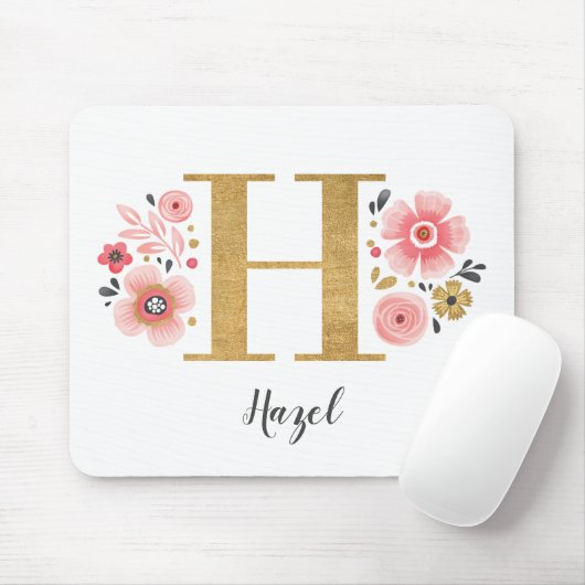 Rosa Floral Monogramm Mousepad (Mit Mouse)
