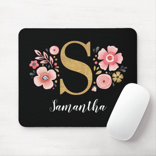 Rosa Floral Monogramm Mousepad (Mit Mouse)