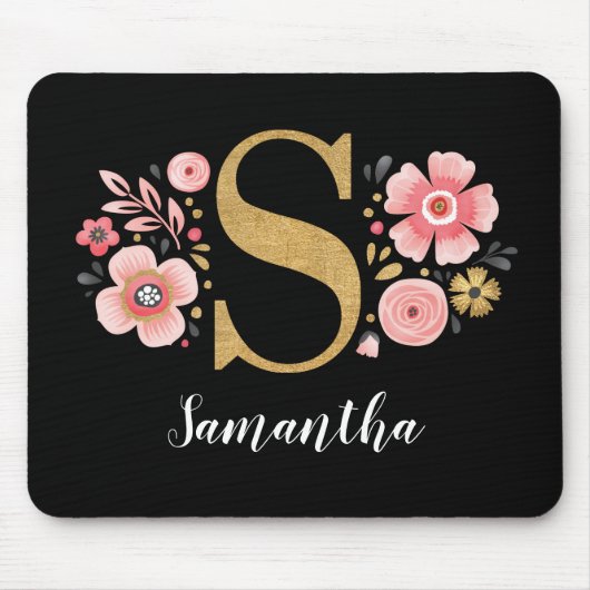 Rosa Floral Monogramm Mousepad (Vorne)