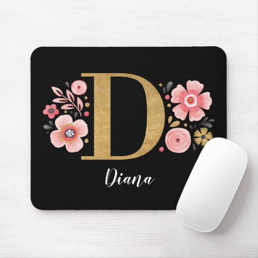 Rosa Floral Monogramm Mousepad (Mit Mouse)