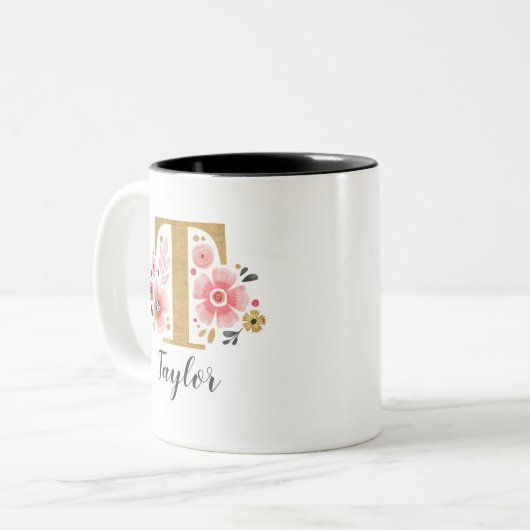 Rosa Floral Monogramm Zweifarbige Tasse (Vorderseite Links)