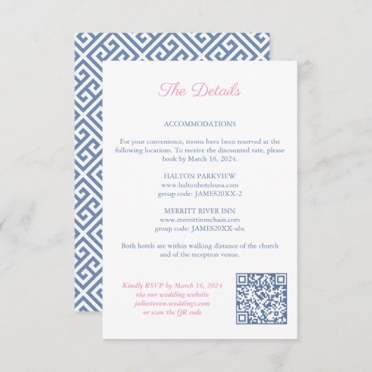 Rosa Floral Navy Monogram Wedding Details QR Code Begleitkarte (Vorne/Hinten)