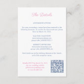 Rosa Floral Navy Monogram Wedding Details QR Code Begleitkarte (Vorderseite)