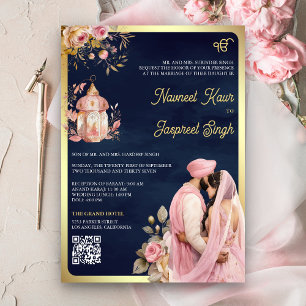 Rosa Floral Navy QR-Code Anand Karaj Sikh-Hochzeit Einladung