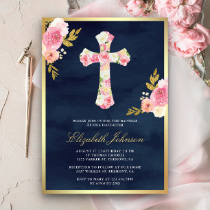 Rosa Floral Navyblau Gold Taufe Einladung
