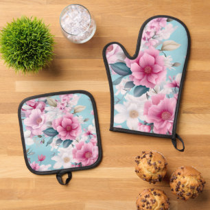 Rosa Floral Ofenhandschuh & Topflappen-Set