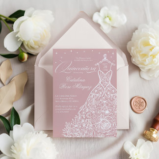 Rosa Floral Quinceañera Gown Celestis Moon Stars Einladung