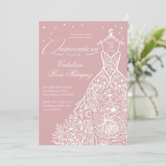 Rosa Floral Quinceañera Gown Celestis Moon Stars Einladung (Stehend Vorderseite)