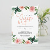 Rosa Floral Religious Er ist Risen Osterfeier Einladung (Stehend Vorderseite)