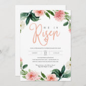 Rosa Floral Religious Er ist Risen Osterfeier Einladung (Vorne/Hinten)