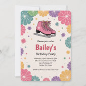 Rosa Floral Retro Ice Skaten Geburtstag Einladung (Vorderseite)