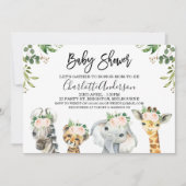 Rosa Floral Safari Tiere Kinderdusche Einladung (Vorderseite)