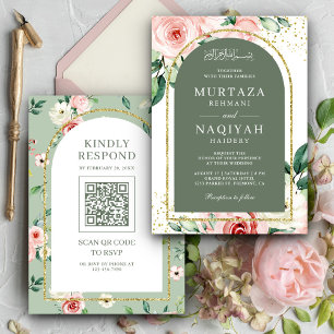 Rosa Floral Salbei Grüner Bogen QR Code Muslimisch Einladung