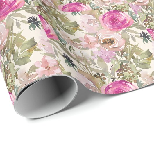 Rosa Floral Salbeigrüne Blätter Geschenkpapier (Rolleneckpunkt)