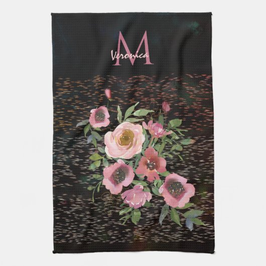 Rosa Floral Schwarz Geschirrtuch (Vertikal)