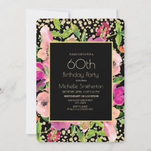 Rosa Floral Schwarz Gold Glitter 60. Geburtstag Karte