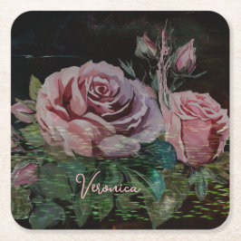 Rosa Floral Schwarz Rechteckiger Pappuntersetzer