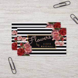 Rosa Floral Schwarz Weiße Streifen Blumen Floris Visitenkarte