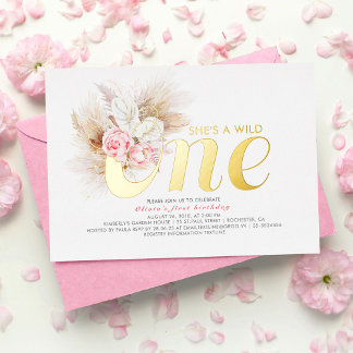 Rosa Floral Sie ist ein Wild ONE 1. Geburtstag Rea Folieneinladung