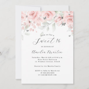Rosa Floral Silber Schmetterling Sweet 16 Einladung