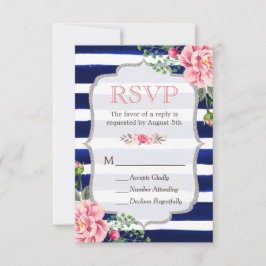 Rosa Floral Silver Glitzer Navy Blue Stripes UAWG RSVP Karte