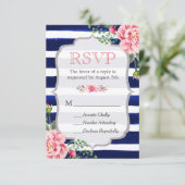 Rosa Floral Silver Glitzer Navy Blue Stripes UAWG RSVP Karte (Stehend Vorderseite)