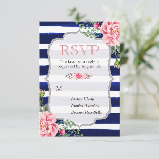 Rosa Floral Silver Glitzer Navy Blue Stripes UAWG RSVP Karte (Stehend Vorderseite)
