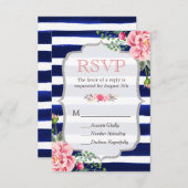 Rosa Floral Silver Glitzer Navy Blue Stripes UAWG RSVP Karte (Vorne/Hinten)