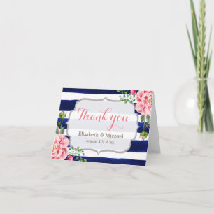 Rosa Floral Silver Navy Blue Strips Vielen Dank Dankeskarte
