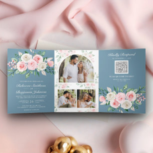 Rosa Floral Staubblau QR-Code Hochzeit Dreifach Gefaltete Einladung