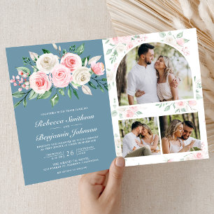Rosa Floral Staubblau QR-Code Hochzeit Einladung