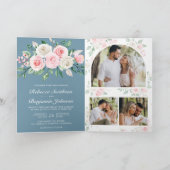 Rosa Floral Staubblau QR-Code Hochzeit Einladung (Innenseite)