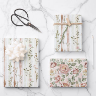Rosa Floral Streifen Brautparty Geschenkpapier Set