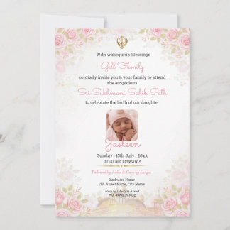 Rosa Floral Sukhmani Sahib Path Baby-Mädchen-Einla Einladung