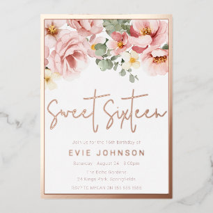 Rosa Floral Sweet 16 Party Rose Gold Folieneinladung