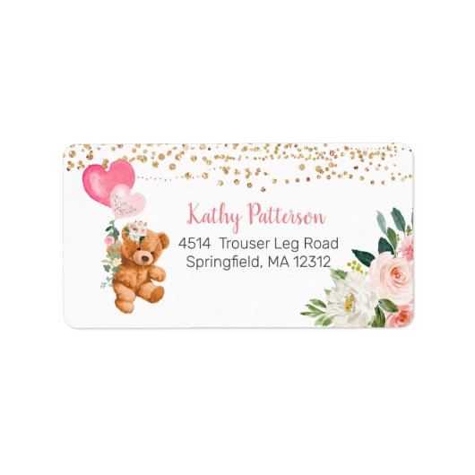 Rosa Floral Teddy Bären Rücksendeadresse Etikett Adressaufkleber (Vorne)