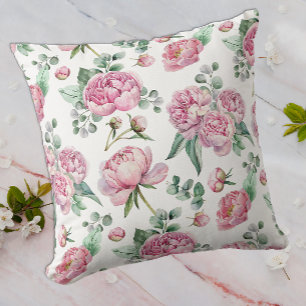 Rosa Floral und Eukalyptus Grün in Aquarell Kissen