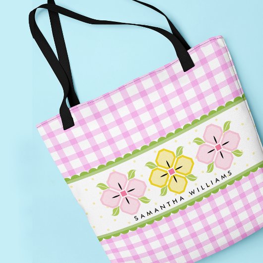 Rosa Floral und Gingham Monogram Tasche