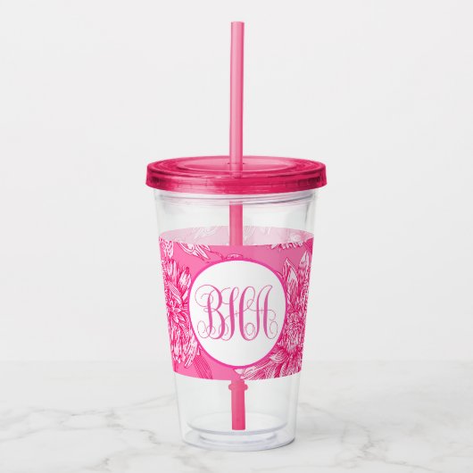 Rosa Floral und Monogramm Acryltrinkbecher (Vorderseite)