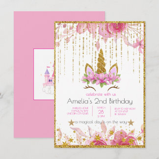 Rosa Floral | Unicorn Birthday Party Einladung
