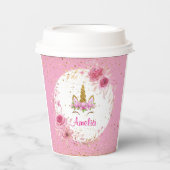 Rosa Floral | Unicorn Birthday Party Pappbecher (Vorderseite)