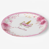 Rosa Floral | Unicorn Birthday Party Pappteller (Schrägansicht)