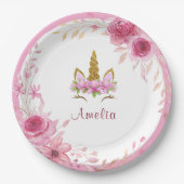 Rosa Floral | Unicorn Birthday Party Pappteller (Vorderseite)