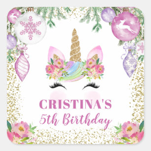Rosa Floral Weihnachten Unicorn Gastgeschenk Quadratischer Aufkleber