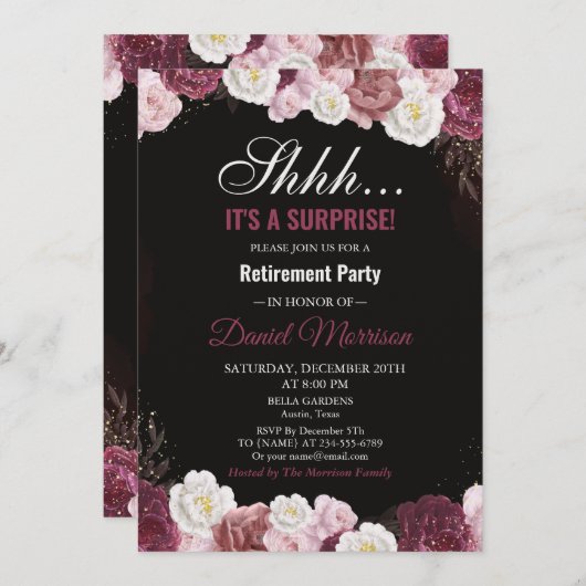 Rosa Floral White Gold Überraschung Ruhestand Part Einladung (Vorne/Hinten)